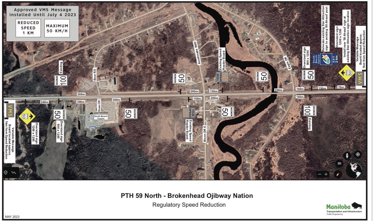 Speed reduction signs were installed today, 50kms! We will be seeing more work in the coming weeks, initially traffic counts by Highways Empoyees will begin. As there will be traffic lights installed at our Bison Drive East and Anishinaabe Way intersection by the end of summer!