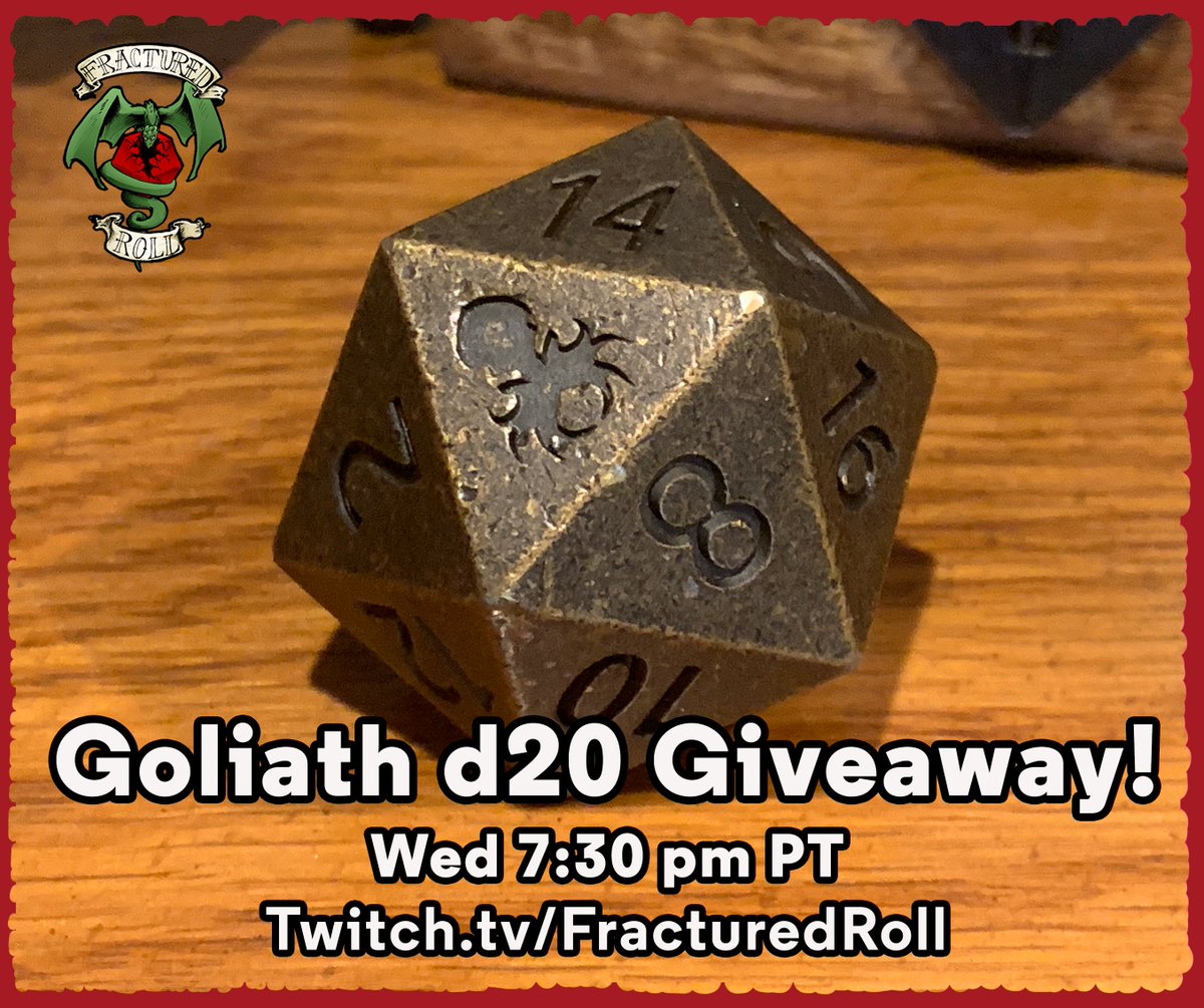 METAL d20 GIVEAWAY!
It's our campaign's Final Session TONIGHT, so we're giving away tons of #dice, incl this metal #d20! Want to win it??
❤️Like and RT for an entry!
Then come watch at 7:30 pm PT, Wednesday.
twitch.tv/FracturedRoll
🐉
#dnd5e #dungeonsanddragons #ttrpg #Giveaway