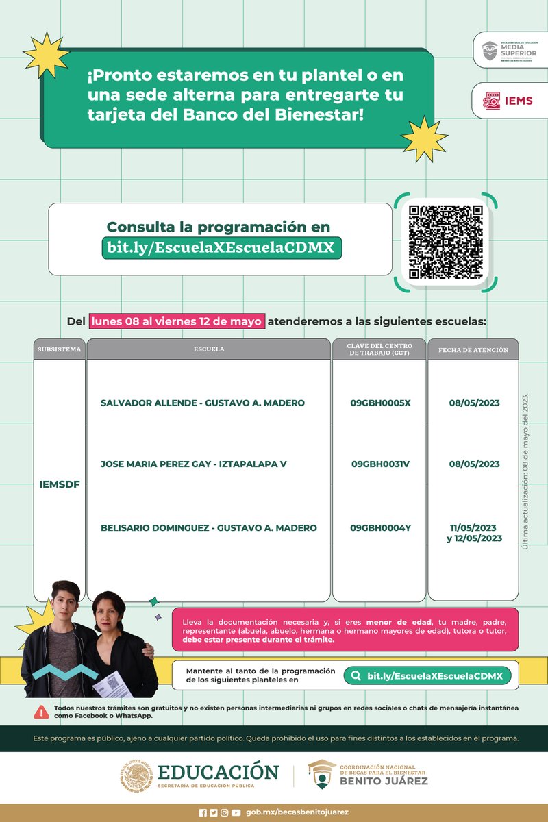 🚨 #EscuelaXEscuela en #CDMX🚨

Becaria y becario de #MediaSuperior: 

Entre el 𝗟𝗨𝗡𝗘𝗦 𝟬𝟴 𝘆 𝗦𝗔́𝗕𝗔𝗗𝗢 𝟭𝟯 𝗗𝗘 𝗠𝗔𝗬𝗢 atenderemos a escuelas de COLBACH MEX, IEMSDF y UEMSTIS para entregarte #TuBecaEnTuTarjeta 💳

Consulta los detalles en bit.ly/EscuelaXEscuel…