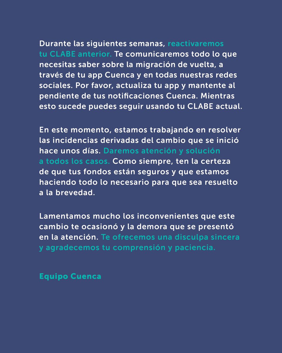 Te escuchamos y te entendemos. Hemos decidido regresar con el proveedor anterior de forma gradual para restablecer el servicio de transferencias como lo conocías. En nuestras redes anunciaremos la fecha del cambio, te pedimos estar pendiente.
Si tienes alguna escríbenos al DM. 💙