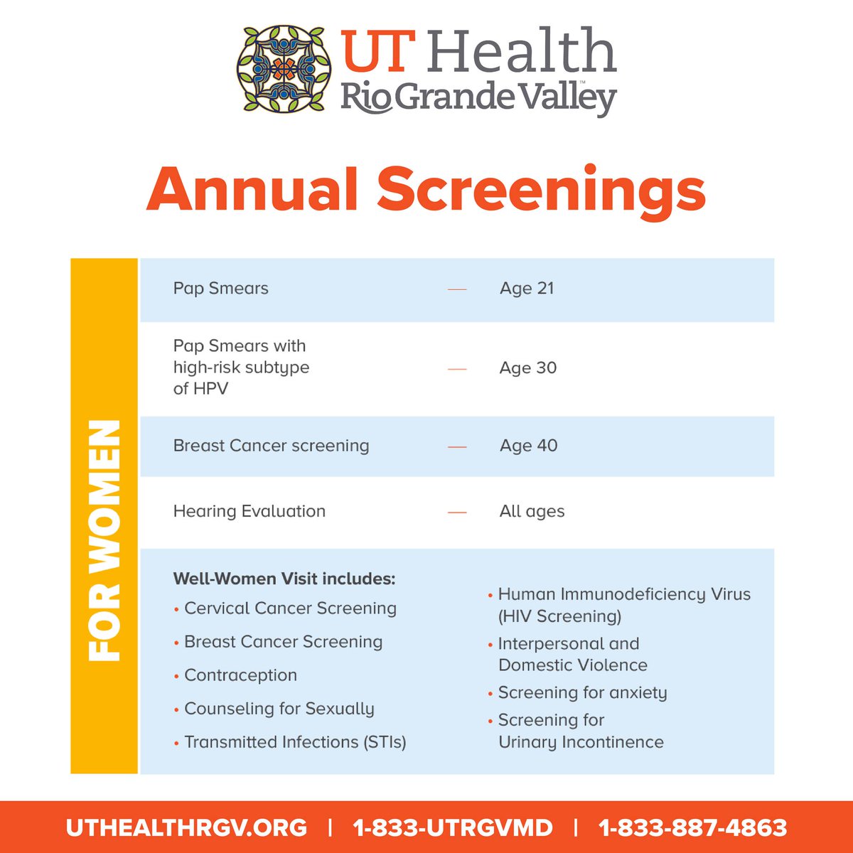 Today is #NationalWomensCheckupDay 🧡

Regular checkups are essential for early detection! Take today to prioritize your health and well-being. Check out our graphic with recommended screenings.

#UTHealthRGV