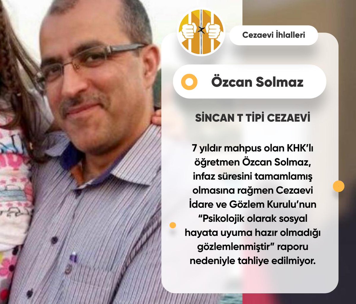 cezaeviihlaller's tweet photo. Özcan Solmaz, Sincan Cezaevi'nde 7 yıldır tutuklu. Şubat 2023'te denetimli serbestlik verilmediği gibi şartlı tahliye hakkı da verilmiyor. Gerekçe olarak ise Solmaz'ın " psikolojik olarak sosyal hayata uyuma hazır olmadığı " gösteriliyor. 

Cevheri Güven Mehmet Aslantuğ
DenetimliHakkını Verin