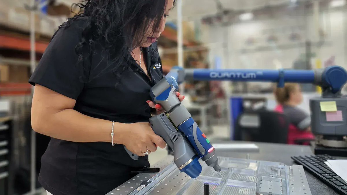 PRISMIER's tweet photo. There once was a Faro maiden, skilled &amp; bold, whose FaroArm never left a detail untold. Today, Marilu &amp; Nick from Quality Control are mastering the FaroArm for laser measuring - capturing 3D data with superhero precision smaller than a hair width! #faroarm #lasering #faro #dfm https://t.co/XKQsXvVvsM