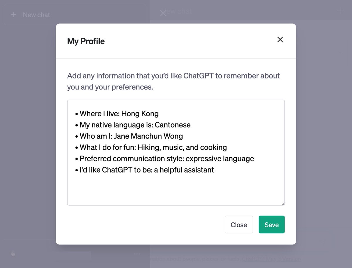 wongmjane's tweet photo. OpenAI is working on “My Profile” so that ChatGPT can remember about you and your preferences without having to prepend your information in your prompts https://t.co/ODfzYv4iFS