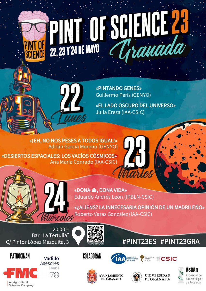 _anatamayo's tweet image. 🗓️Save the date!! 22, 23 y 24 mayo.

🧬🍺Ciencia en los bares @LemonrockGr y @tertuliagranada 

🤩 Cartel con ponentes 🔝

No te pierdas el festival de divulgación de ciencia más internacional (y divertido): @pintofscienceES 

#Pint23GRA #Pint23ES