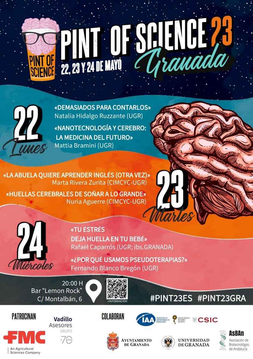 _anatamayo's tweet image. 🗓️Save the date!! 22, 23 y 24 mayo.

🧬🍺Ciencia en los bares @LemonrockGr y @tertuliagranada 

🤩 Cartel con ponentes 🔝

No te pierdas el festival de divulgación de ciencia más internacional (y divertido): @pintofscienceES 

#Pint23GRA #Pint23ES