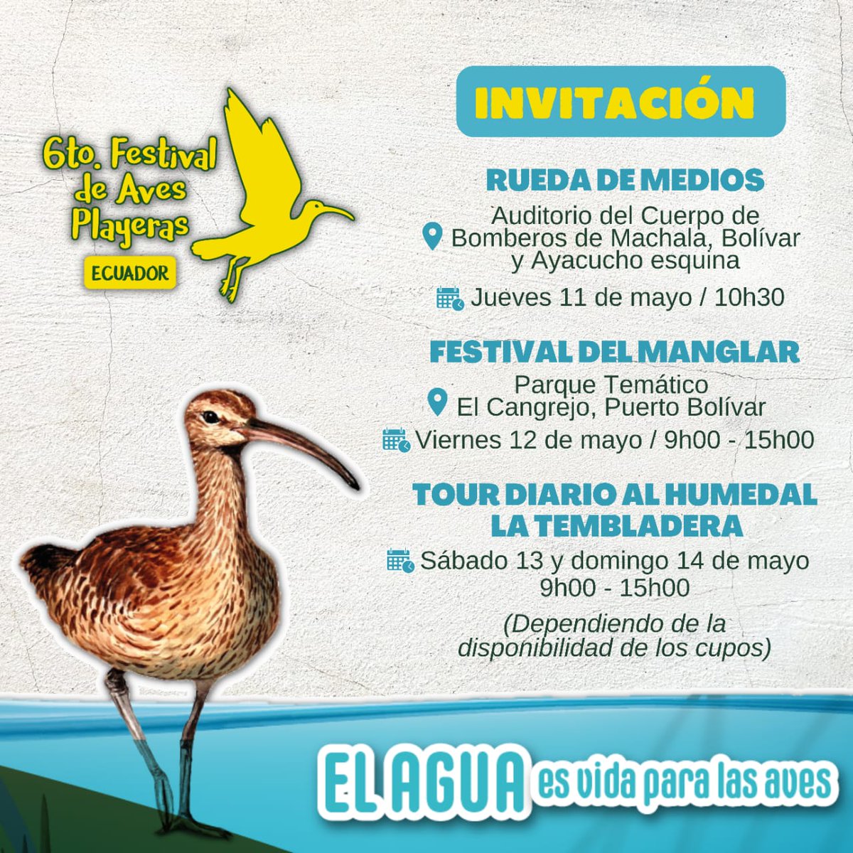 #ElOro | la #ArmadaEcuatoriana invita este 12 y 13 de mayo a participar del '6to Festival de Aves Playeras 2023', en la parroquia de #PuertoBolívar.

Siempre comprometidos con los Intereses Marítimos Nacionales.

#SiempreArumbo #FFAAContigo #YosoyNaval #EstamosParaServir #militar