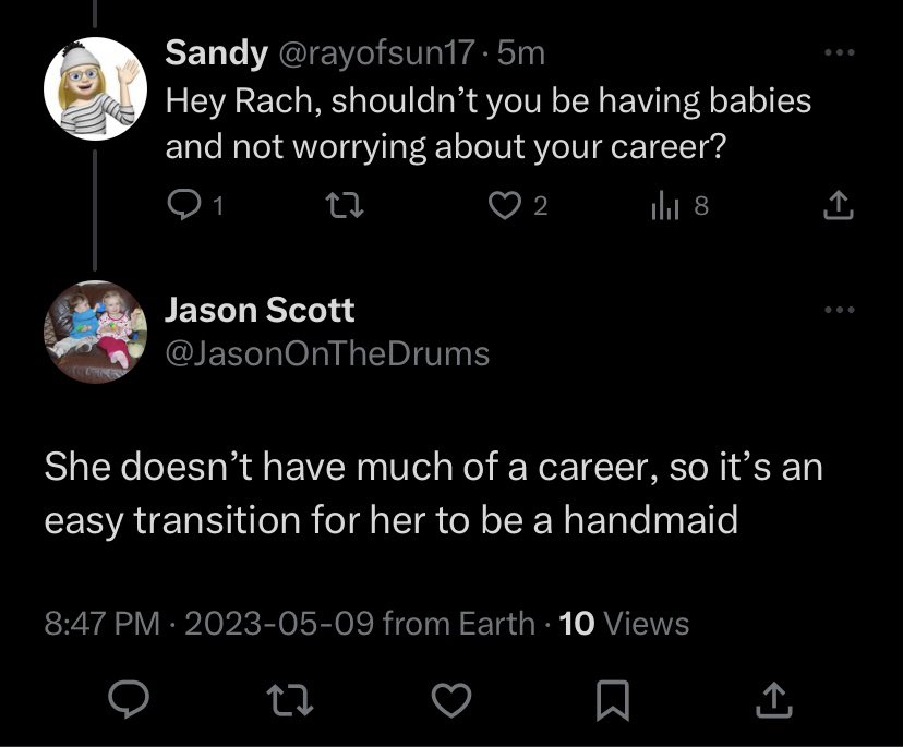 Emmanuel_Rach's tweet photo. When the left complains about sexism, believe them - they’re the greatest purveyors of it. 

Here they are insisting conservative women are controlled by their husbands &amp; that the blessing of marriage &amp; motherhood equates a woman to a “handmaid.”

Sick rhetoric from sick people. https://t.co/wwIQrciNPq