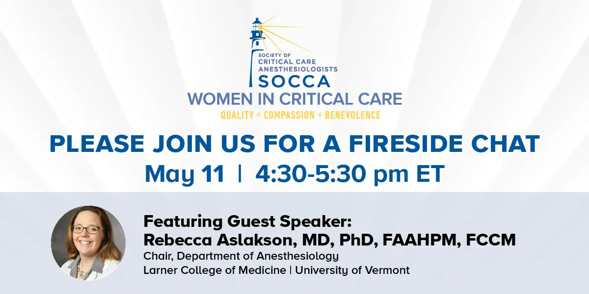 Society of Critical Care Anesthesiologists (@socca_critcare) on Twitter photo There's still time! Visit buff.ly/3ErPrP2 & sign up for tomorrow's “Embracing Change: Conceptualizing Career Evolution: A Fireside Chat with Rebecca A. Aslakson, MD, PhD, FCCM, FAAHPM" | buff.ly/3ErPrP2 <a href="/shahlasi/">Shahla Siddiqui, MD, MSc, FCCM</a> <a href="/UVMLarnerMed/">UVM Larner Med</a> <a href="/madihasyed85/">Madiha Syed</a> There's still time! Visit buff.ly/3ErPrP2 & sign up for tomorrow's “Embracing Change: Conceptualizing Career Evolution: A Fireside Chat with Rebecca A. Aslakson, MD, PhD, FCCM, FAAHPM" | buff.ly/3ErPrP2 <a href="/shahlasi/">Shahla Siddiqui, MD, MSc, FCCM</a> <a href="/UVMLarnerMed/">UVM Larner Med</a> <a href="/madihasyed85/">Madiha Syed</a>