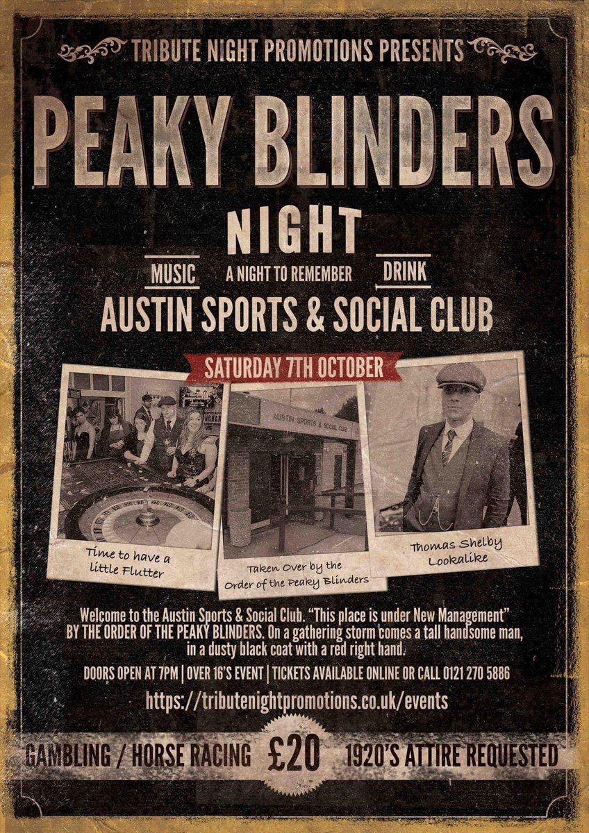 For Peaky Blinders fans, this is a night not to be missed, so grab your friends, flat caps and don your finest threads for a night of fun.

(Over 16’s Event) 

Just click the link below and secure your ticket early. Limited tickets available 👇
tributenightpromotions.co.uk/event/peaky-bl…