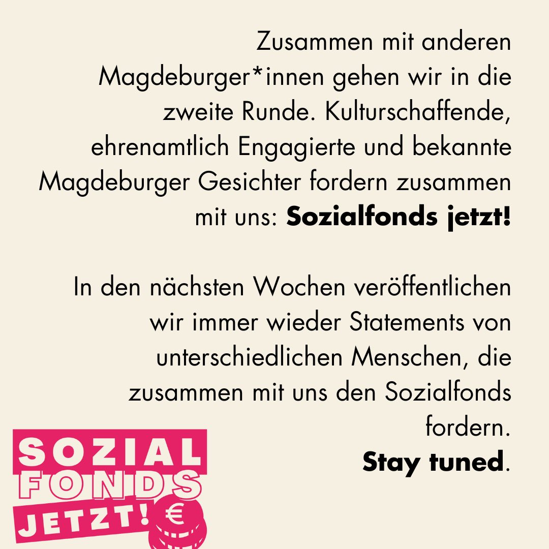 Unsere Forderungen nach einem #Sozialfonds für #Magdeburg gehen in die zweite Runde. 
Kulturschaffende, ehrenamtlich Engagierte und bekannte Magdeburger Gesichter fordern zusammen mit uns: Sozialfonds jetzt!