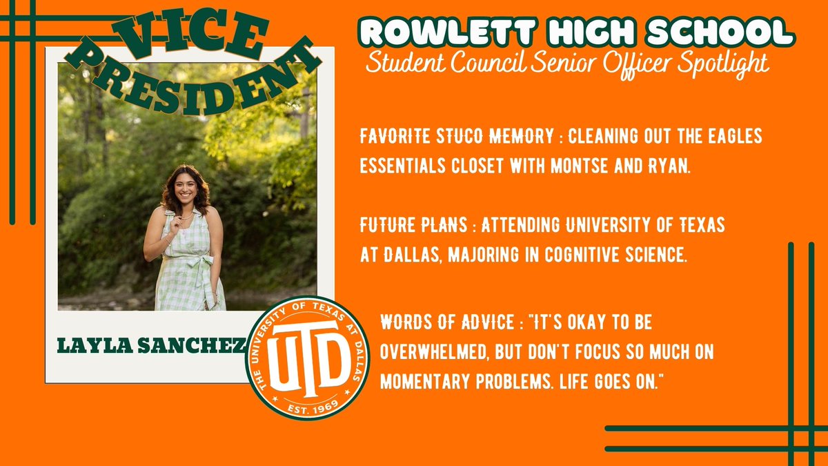 StuCo continues our Celebration of our Senior Officers today with recognition of our Vice President of Communications, Layla Sanchez. Thank you Layla for documenting our ideas, tracking service points, and keeping us organized and informed. You are awesome!