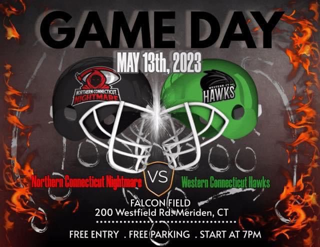 Western Connecticut Hawks Away Game vs. The Northern Connecticut Nightmare Saturday 5/13/23 at Falcon Field in Meriden, CT. #wfa <a href="/WFAfootball/">Women's Pro Football</a> #cthawks #soarhigh