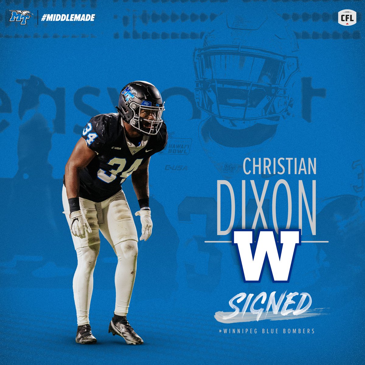 Middle Tennessee Football (@mt_fb) on Twitter photo From Blue Raider to Blue Bomber. @zeekyzeek44 is headed north to the <a href="/Wpg_BlueBombers/">Winnipeg Blue Bombers</a>! Good luck in Winnipeg, Christian!
#MiddleMade | #EATT From Blue Raider to Blue Bomber. @zeekyzeek44 is headed north to the <a href="/Wpg_BlueBombers/">Winnipeg Blue Bombers</a>! Good luck in Winnipeg, Christian!
#MiddleMade | #EATT