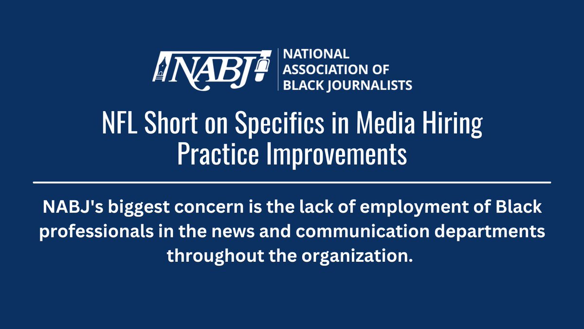 NABJ's tweet photo. 🔴Last week’s statement from CA &amp; NY attorneys general about the #NFL raises some of the same concerns expressed by #NABJ &amp; our members. According to sources, there's a lack of employment of Black professionals in the news/media departments. Read more: https://t.co/269o2lA6X1 https://t.co/e5MQuohpZd