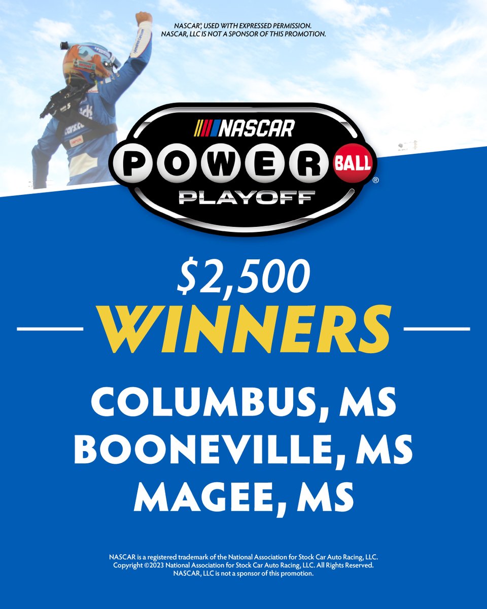 The 2nd drawing for the NASCAR Powerball promotion occurred today! Congrats to today's winners! Check your mail! If you’re not a Mississippi Lottery Insider, sign up today for the link for the next drawing on May 24! Read promotional rules for details: https://t.co/xuu8Z22LOI https://t.co/QlKFVI0laB