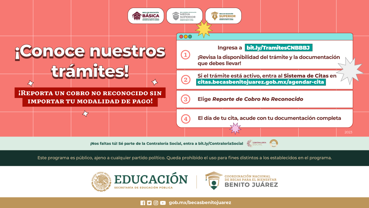 ¡Conoce nuestros trámites!

Becaria y becario, si detectaste un cobro de tu #BecaBenitoJuárez que no realizaste, ¡no te preocupes!😱

Entra a nuestro #SistemaDeCitas y agenda una cita para: Reporte de Cobro No Reconocido 

Revisa toda la información en:  bit.ly/TramitesCNBBBJ
