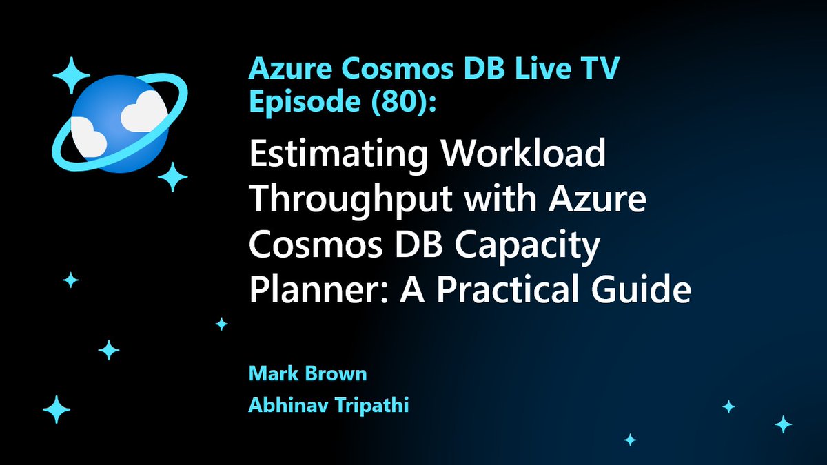AzureCosmosDB's tweet image. 📅 Tomorrow on Azure Cosmos DB Live TV  

May 11, 2023 1 PM PT / 4PM ET 

This week on #AzureCosmos DBTV Live, your host Mark Brown welcomes Microsoft Program Manager Abhinav Tripathi to discuss the Azure Cosmos DB Capacity Planner tool. 

aka.ms/CosmosDBLiveTV