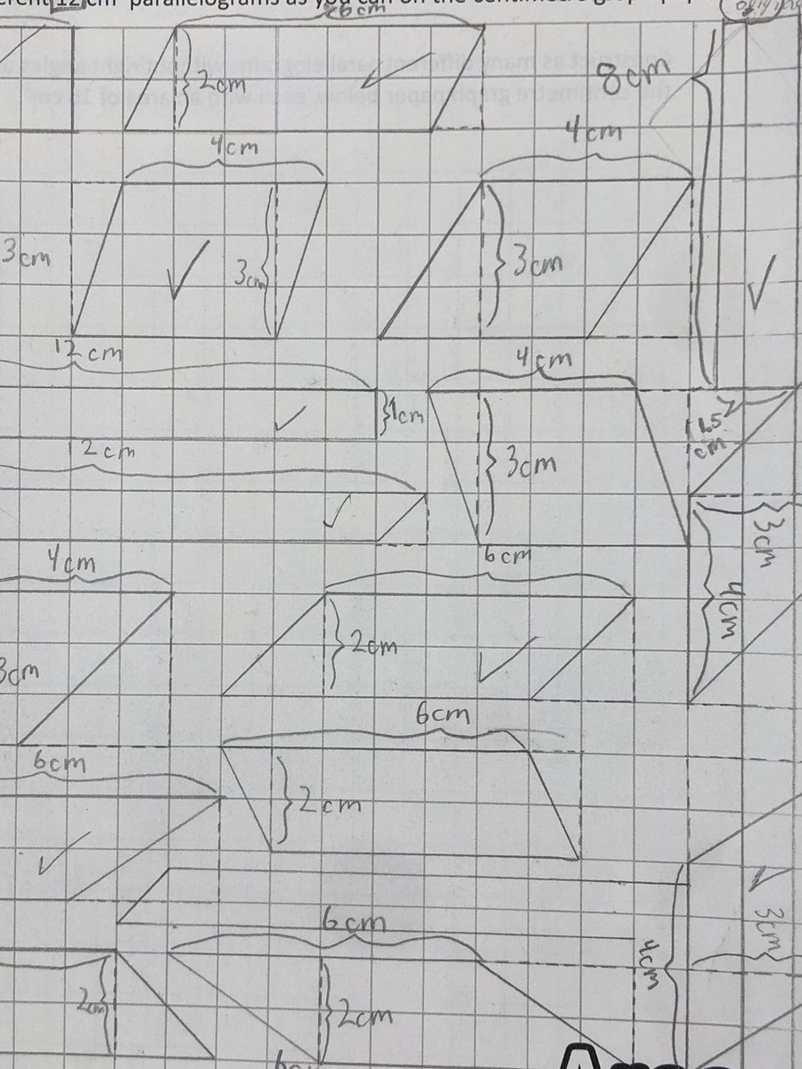 MrKSDyck's tweet image. Grade 5/6s @PortWellerPS #Constructing various #Parallelograms all with the same given #Area. Minds were stretched as students played with alternative solutions to #Rectangles. #PerpendicularHeight #BaseXHeight #Spatial #Measurement #Math