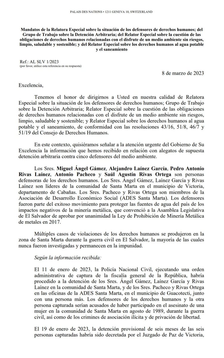 #SantaMarta | La Organización de las Naciones Unidas (ONU) le está pidiendo al gobierno de El Salvador que explique cuál es la justificación legal para la detención de líderes de <a href="/ades_sm/">ADES Santa Marta</a>. 👇🏼