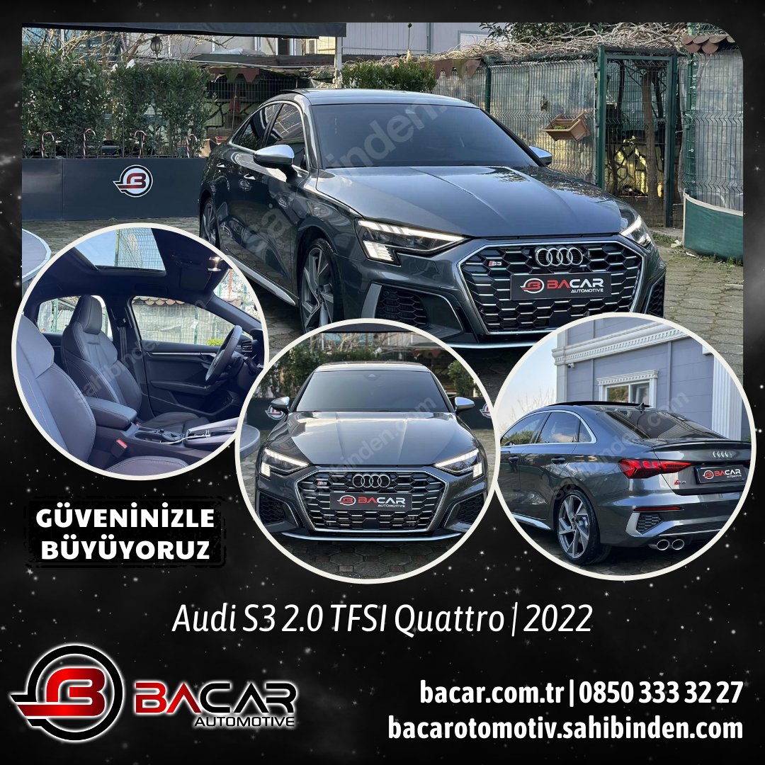 BACAR 2.EL
#Audi #S3 2.0 TFSI Quattro

2022 / 7.000 KM / Otomatik / Benzin / Sedan

Tüm detaylar, donanım ve fiyat bilgisi:

* sahibinden.com/ilan/vasita-ot…
* 0850 333 32 27

Bacar Otomotiv A.Ş. 'Güveninizle Büyüyoruz'
bacar.com.tr
instagram.com/bacarotomotiv

#AudiS3
