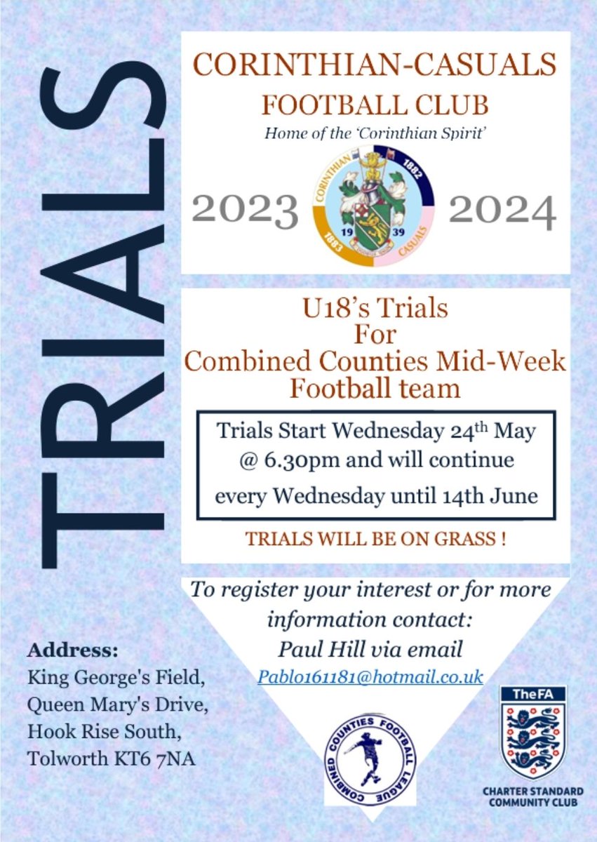 When one door closes, one opens. We are pleased to confirm trial dates for our u18s Midweek youth team for next season. Please make contact if you are interested ⚽️⚽️⚽️
@shsrbk 
@CoombeBoysNews 
@GlynSchool_PE 
@hollyfieldsch 
@SurreyFootball