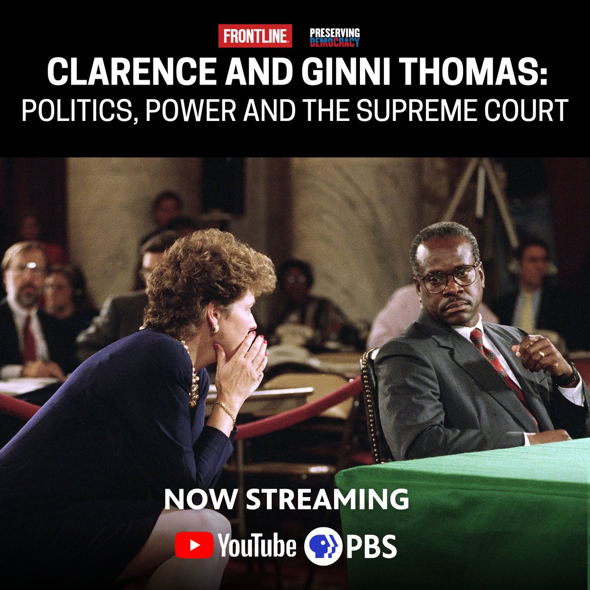 frontlinepbs's tweet photo. FRONTLINE's 2-hour special investigation, "Clarence and Ginni Thomas: Politics, Power and the Supreme Court" is available to watch now on YouTube or the PBS App. https://t.co/UFhDsiDE92
