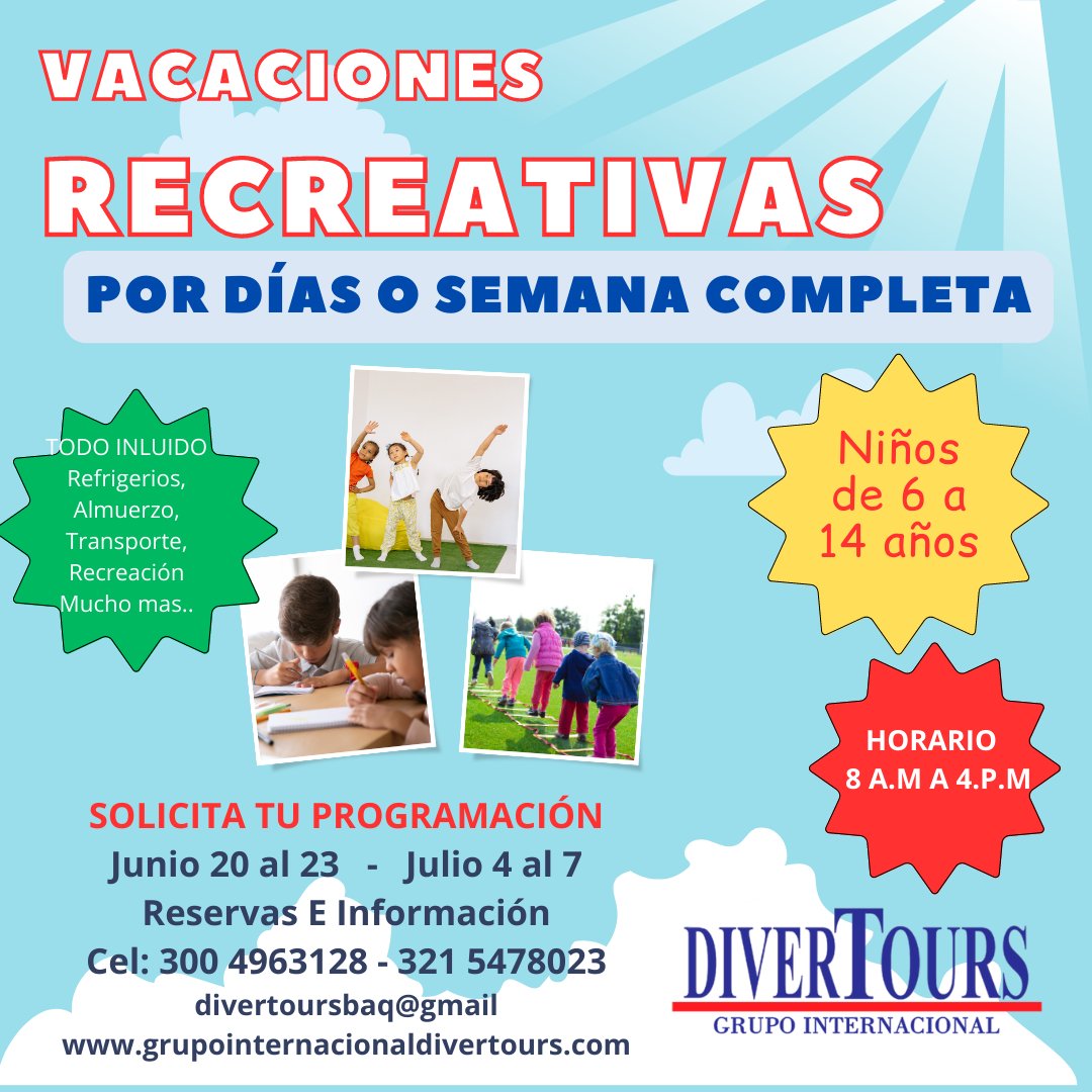 Divertoursltda's tweet photo. ¡¡¡ Programa las VACACIONES RECREATIVAS para los hijos de tus empleados o asociados !!! 
Cotiza para tu grupo:
300 496 31 28 - 321 547 80 23
📷 Visita nuestra página web: https://t.co/5zpyjDiBiI
#FamiliaDivertours #TuMejorOpcion #vacacionesrecreativas #turismo #eventos #felicidad https://t.co/LTH2wmH8qw