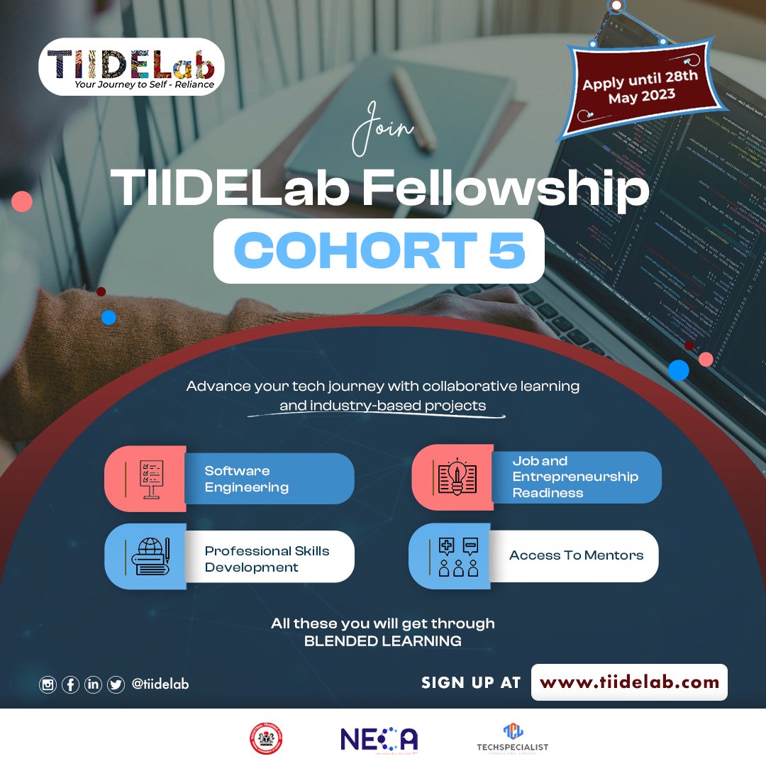 TIIDELab's tweet photo. We are excited to announce the launch of @TIIDELab fellowship cohort 5.
Be rest assured of a collaborative learning atmosphere where solving problems is the heart of our curriculum
@necadotorg and @ITFNigeria, Thank you for the #TSDP opportunity
It's time to sign up. https://t.co/SSjIr5T8sq