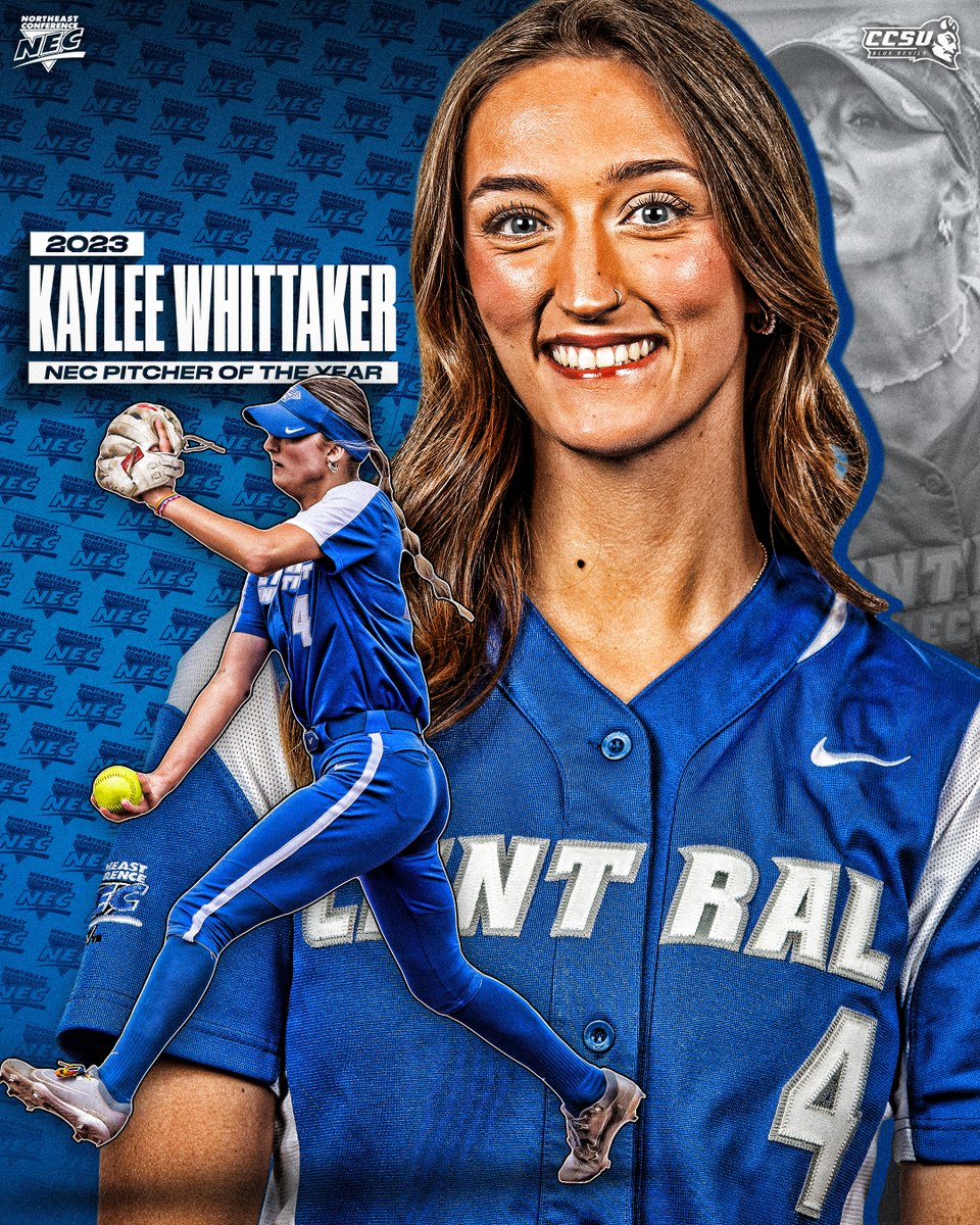 NECsports's tweet photo. 2️⃣0️⃣2️⃣3️⃣ @necsoftball Pitcher of the Year ⤵️

➡️ Kaylee Whittaker, @CCSUBlueDevils

📒 The resurgent Blue Devils rode the strength of Whittaker's arm to the tune of a 20-win season. Tossing all but 4.1 frames in NEC play, the righty leads the NEC with 20 wins.

#NECelite📜 #POTY https://t.co/UjD2z6ZSsm