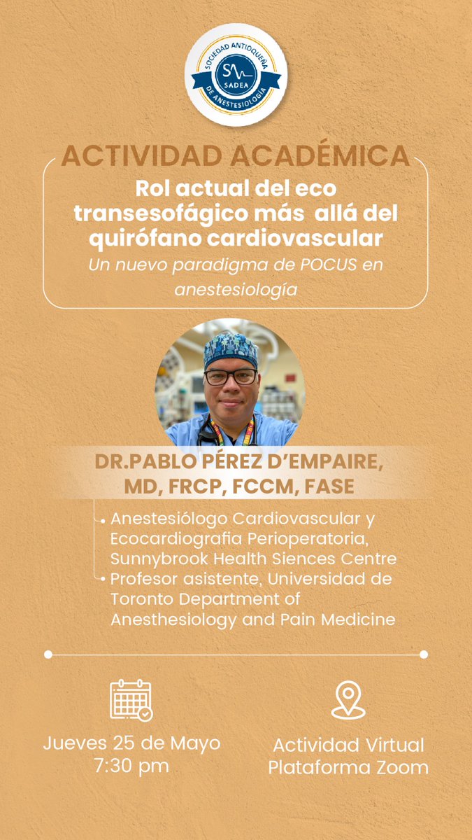 SADEA (@sadeacol) on Twitter photo La Ecocardiografía transesofágica viene para quedarse y es vital que iniciemos nuestro conocimiento sobre el tema.
Así que estamos felices de contar nuevamente con la presencia del Dr. Pablo Pérez d'Empaire en esta importantísima actividad. Más info sadea@scare.org.co <a href="/pperezde/">Pablo Perez d’Empaire, MD, FRCPC, FCCM, FASE</a> La Ecocardiografía transesofágica viene para quedarse y es vital que iniciemos nuestro conocimiento sobre el tema.
Así que estamos felices de contar nuevamente con la presencia del Dr. Pablo Pérez d'Empaire en esta importantísima actividad. Más info sadea@scare.org.co <a href="/pperezde/">Pablo Perez d’Empaire, MD, FRCPC, FCCM, FASE</a>