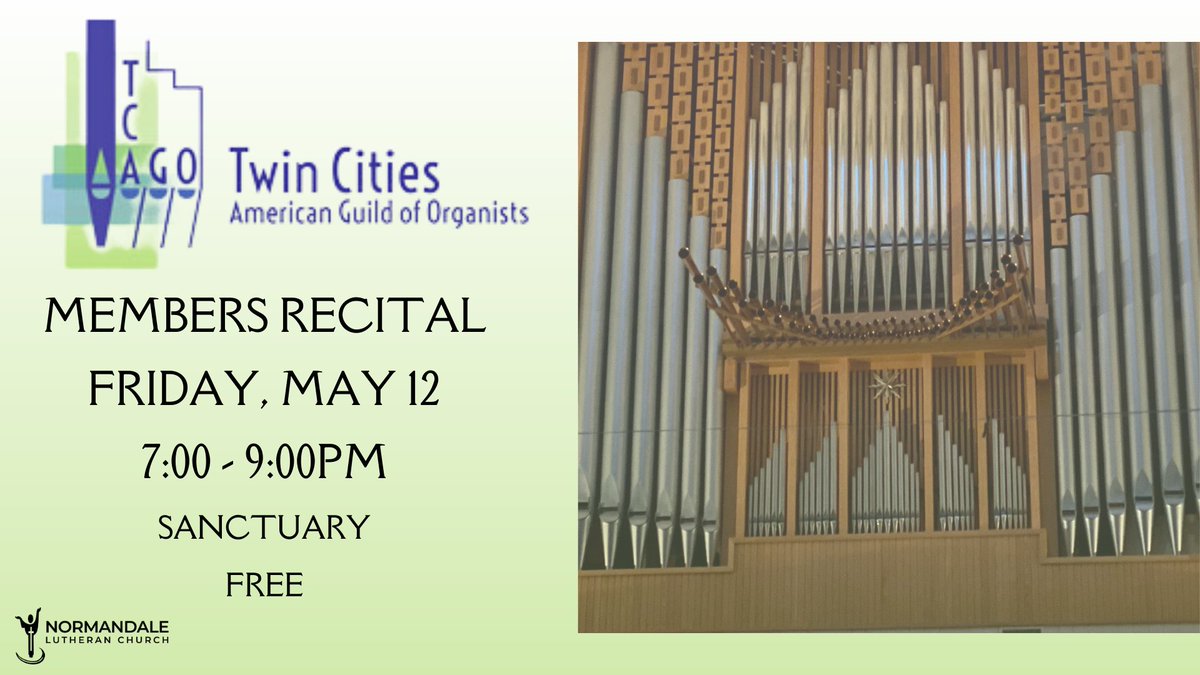 The Twin Cities American Guild of Organists will hold its annual Spring Organ Recital on Friday, May 12 at 7:00 pm. 

8 professional musicians will perform works on our 85 rank pipe organ... including our own Greg Peterson!

The event is free &amp; open to the public.