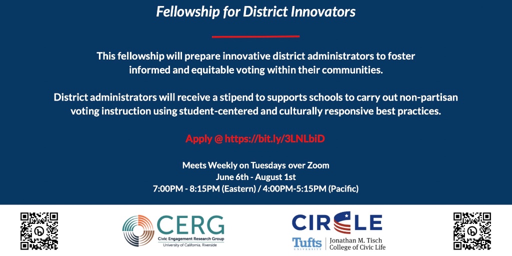 Want to support #schools to provide nonpartisan voting instruction? Are you a district administrator? Apply for CERG and <a href="/CivicYouth/">CIRCLE</a>'s summer fellowship here: bit.ly/3LNLbiD #DemocracyEd #CivicEd #CivicLearning #CivicEngagement #profdev #edchat #sschat #weareteachers