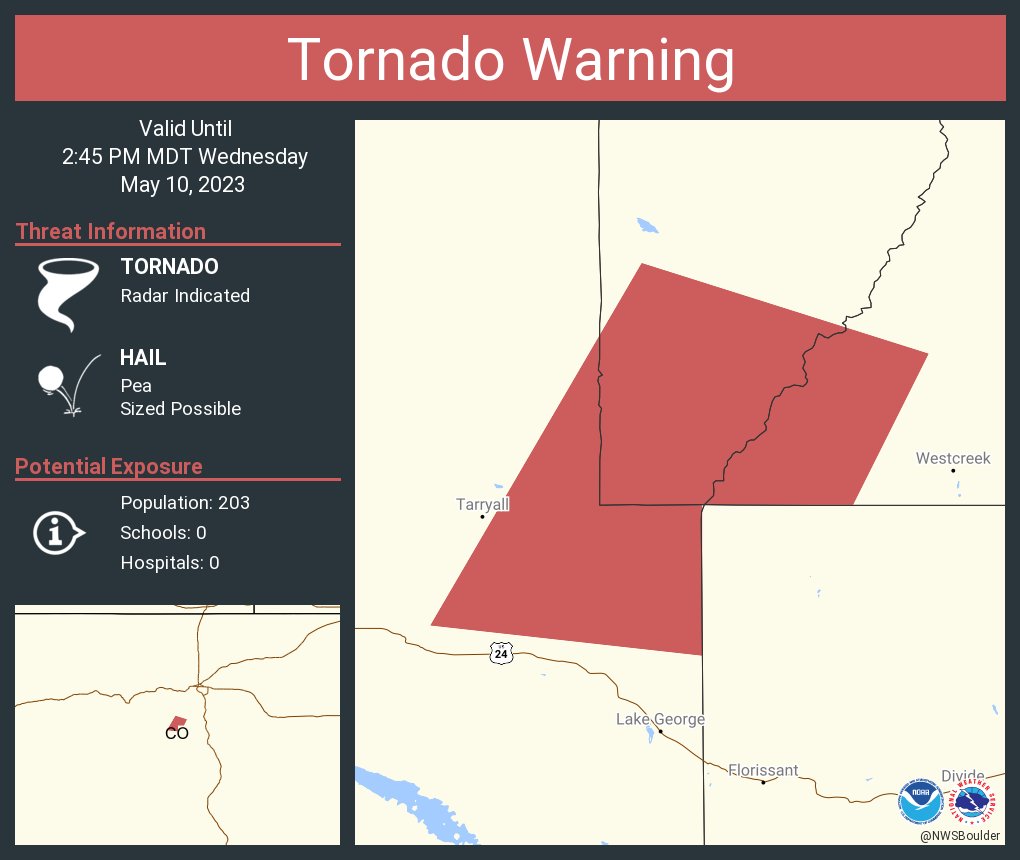 NWSBoulder's tweet photo. Tornado Warning including Douglas County, CO, Jefferson County, CO, Park County, CO until 2:45 PM MDT https://t.co/1t8KgYSEjS