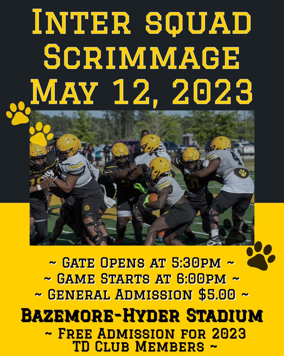24VHSFootball's tweet photo. As part of Spring Football Practice, we will have a closed inter squad scrimmage this Friday.  Please see flyer for details. The Concession Stand will NOT be open so bring your own water, etc. GO CATS! @shelton_felton @GoValdostaCats @VHS_FBrecruits #DATE https://t.co/4HSdGiXYGH