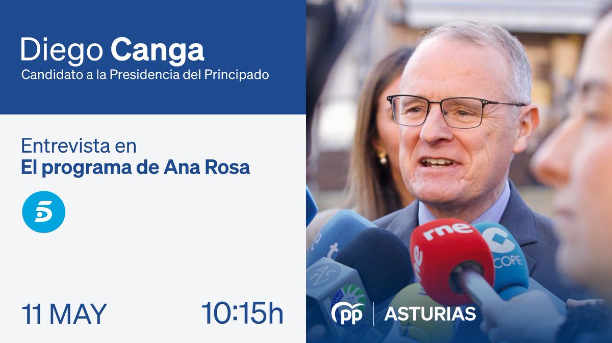 🗣️ No te pierdas este jueves la entrevista a nuestro candidato a la Presidencia del Principado, <a href="/CangaFanoDiego/">Diego Canga Fano</a>, en el <a href="/elprogramadear/">El Programa de Ana Rosa</a> 📺 <a href="/telecincoes/">Telecinco</a>

#Asturias
#EntreTodos 
#AsturiasEntreTodos