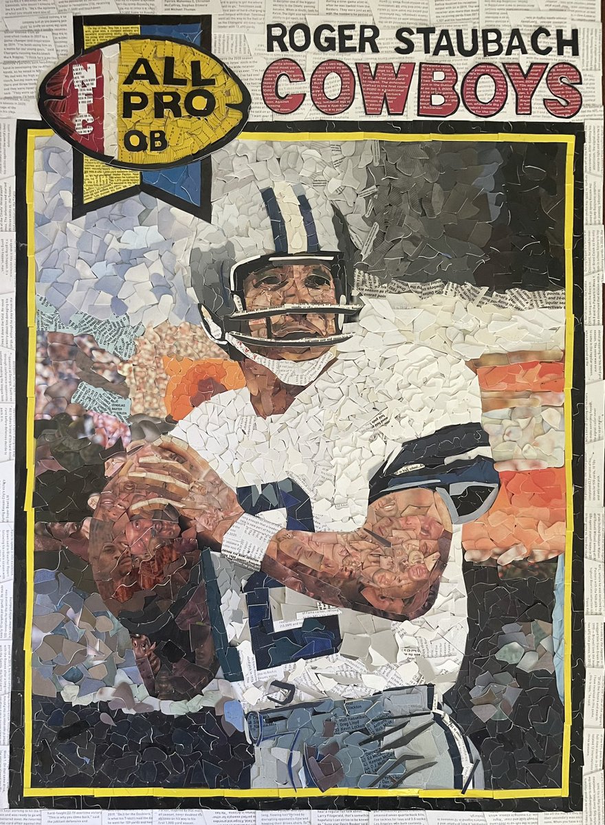 ryansmithart's tweet photo. I finished a mosaic of Roger Staubach made entirely from football cards. Each piece is about a centimeters of less and this took roughly 75 hours to make. Please connect if you are interested in a mosaic. I’m accepting more commissions. 

Like and retweet please. https://t.co/4QHI8U9kYx