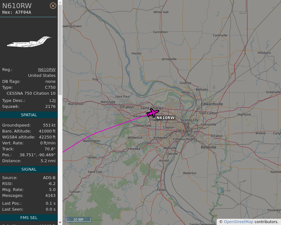 AboveStLouis's tweet image. 🇺🇸 N610RW - Cessna Citation X - The Heli Team N610RW - 5.0 mi away @ 42250 ft, heading ENE at 634 mph. Spotted for first time! [03:23:32 PM CDT] #A7F04A #N610RW #C750 #N610RW  #STL #ADSB