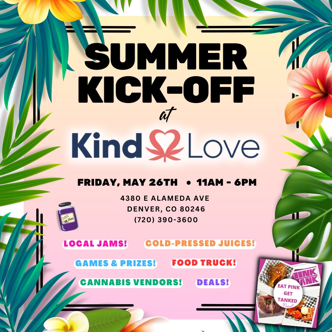 Join us for a summer kick-off filled with good vibes, food, deals, and fun activities on May 26th from 11am-6pm!
.
.
#cannabis #coloradocannabis #summerevent #summerkickoff #glendaleco #stoners #jams #juice #420event #denvercannabis