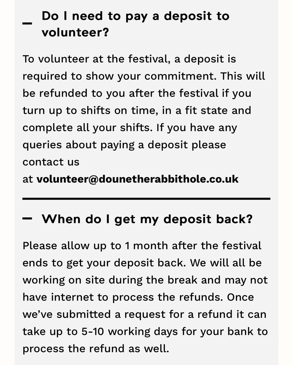 I know many events are hugely reliant on volunteers, but it strikes me as very odd that a festival which has been late paying artists, crew & suppliers is not only recruiting unpaid workers but is asking its volunteers to pay deposits. Am I being harsh? dounetherabbithole.co.uk/volunteer