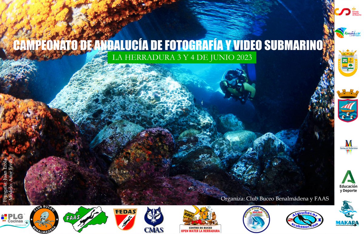FSubacuaticas's tweet photo. Campeonatos de Andalucía de Fotografía y Vídeo Submarinos 
  
📍 La Herradura (Granada) 

📆 3 y 4 de junio

#ActividadesSubacuaticas #FotografiaSubmarina #Fotosub #VideoSubmarino #VideoSub #CampeonatoDeAndalucia #FAAS #FEDAS #CMAS #AndaluciaElLugarDelDeporte @DeporteAND https://t.co/JLYglf4vGZ