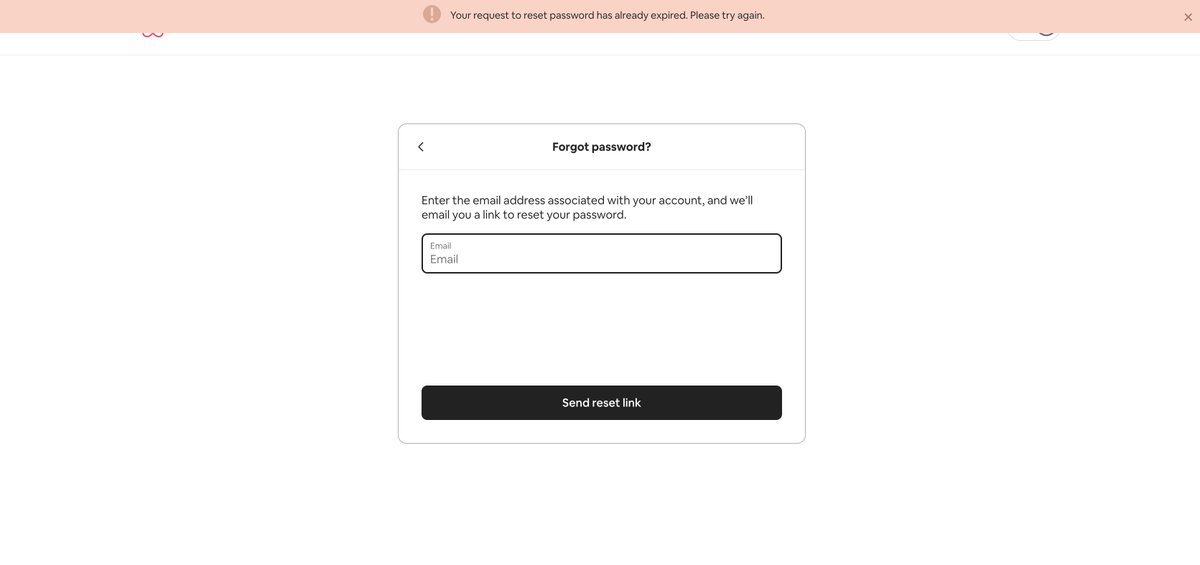 kforkarim's tweet photo. @AirbnbHelp Could you make sure the reset password makes it to the email prior to it being expired? Been stuck on it forever. https://t.co/r35bC86pir