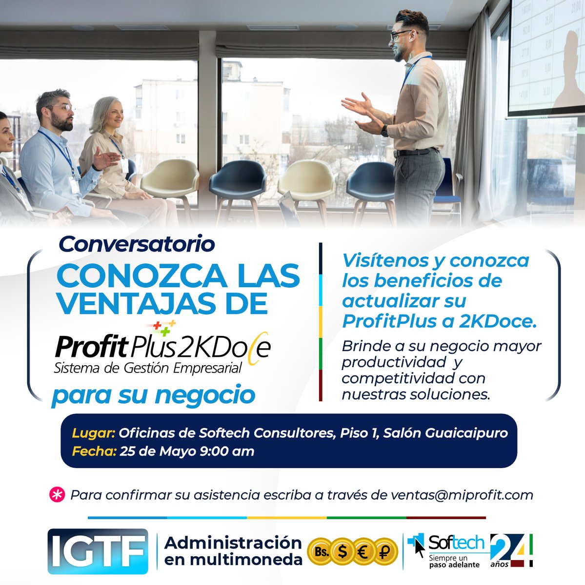MiProfit's tweet image. ¿Aún cuentas con nuestra versión 2K8? 👆¡Este conversatorio es para ti!👆

Este 25 de mayo estaremos brindando a nuestros clientes la oportunidad de conocer todas las ventajas que los llevarán a tomar la mejor decisión: actualizarse a la versión #ProfitPlus2KDoce.
