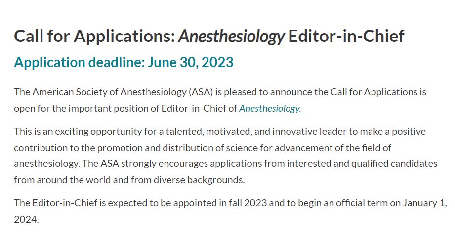 Ed Mariano, MD, MAS, FASA, FASRA 🇺🇸🇵🇭 (@emarianomd) on Twitter photo Attention! Call for Applications for the NEW <a href="/_Anesthesiology/">Anesthesiology</a> Editor-in-Chief!
Application deadline: June 30, 2023
See link for more info: pubs.asahq.org/anesthesiology… Attention! Call for Applications for the NEW <a href="/_Anesthesiology/">Anesthesiology</a> Editor-in-Chief!
Application deadline: June 30, 2023
See link for more info: pubs.asahq.org/anesthesiology…