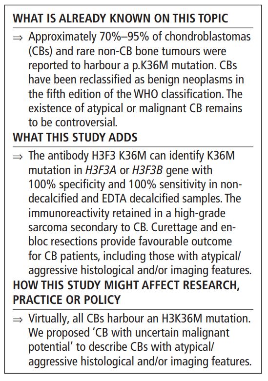 JClinPath_BMJ's tweet photo. 👇#OriginalResearch #EditorsChoice #June2023
🔥 New #BSTpath article alert! 🔥
"Chondroblastoma: clinicopathological analyses of
307 cases from a single institution in China and the
diagnostic value of the H3F3 K36M mutant antibody"
by Zhao et al.
https://t.co/sXuWABMOQp https://t.co/Du2pwMWvqS
