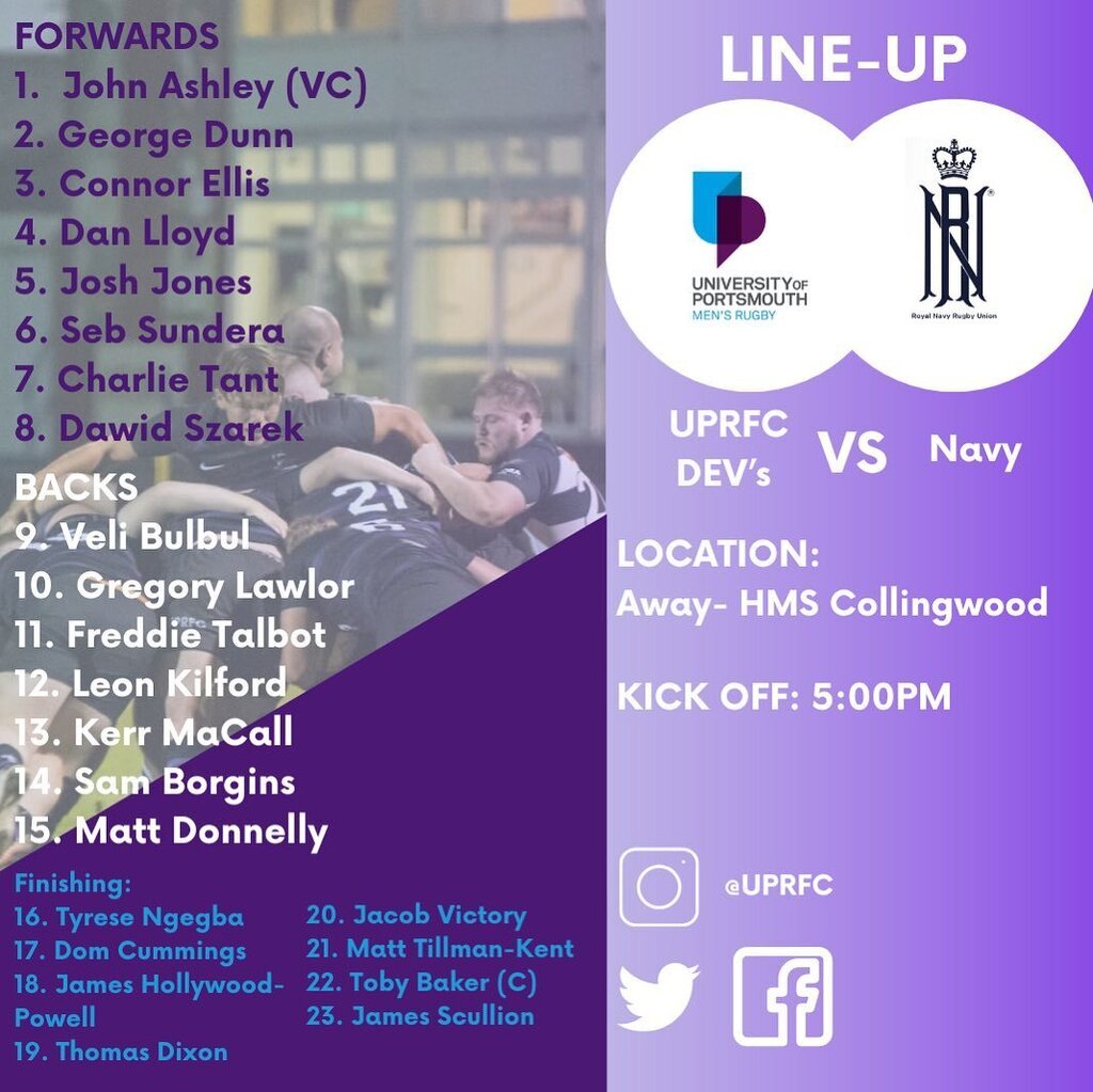 UNI vs. NAVY TEAM SHEET!!!

This Thursday our magnificent men in the Devs will be taking on the Royal Navy in the Uni vs. Navy competition at HMS Collingwood. 

The Dashing Devs will be Captained by Toby “Toblarone” Baker 🍞👨🏻‍🍳 alongside Vice Captain Jho… instagr.am/p/CsE2cSCILo9/