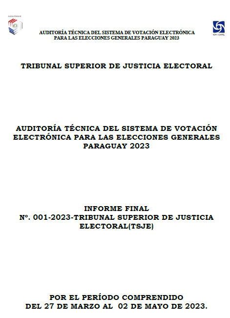 sebaalvareza's tweet photo. 🗳️CONCLUSIONES DE LA AUDITORÍA TÉCNICA DEL SISTEMA DE VOTACIÓN ELECTRÓNICA PARA LAS ELECCIONES GENERALES PARAGUAY 2023.

Realizada por el "Centro de Asesoría y Promoción Electoral", CAPEL; un programa especializado del Instituto Interamericano de Derechos Humanos (IIDH)
🧵 https://t.co/cZLsZTEMI8