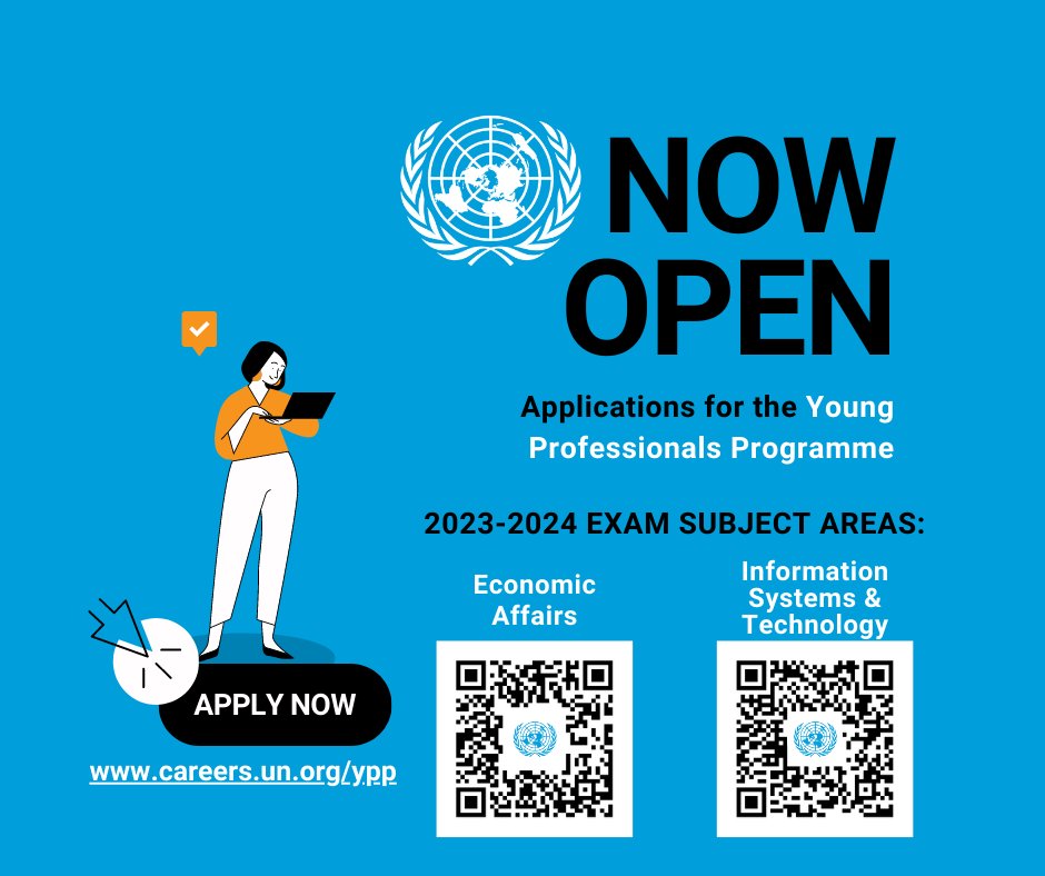UN's tweet photo. Interested in a career with the UN?

The Young Professionals Programme (YPP) is a recruitment initiative for highly qualified young people.

Applications for the 2023 Young Professionals Programme Exams are now open: https://t.co/ODZg2svVmK https://t.co/2foen6QJCi