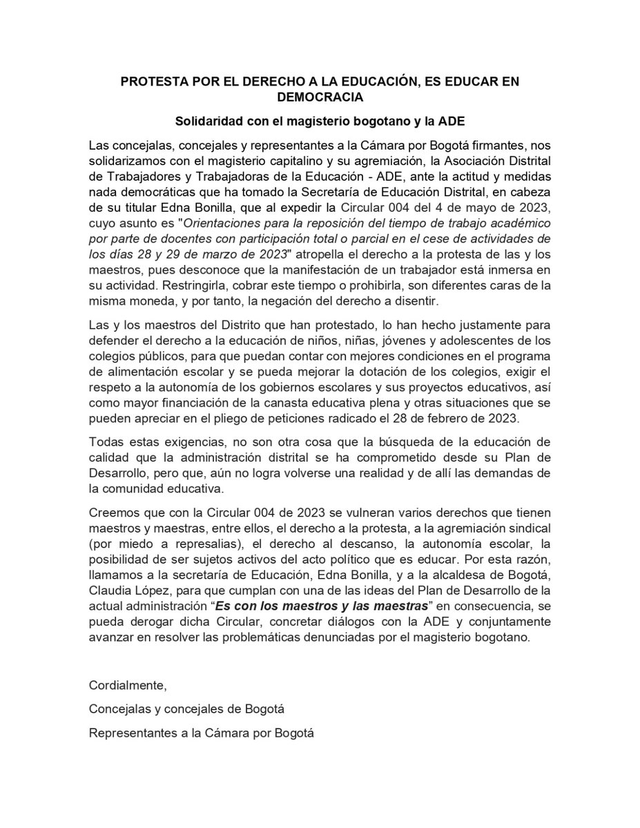 heidy_up's tweet photo. #Comunicado | Las concejalas, concejales y representantes a la Cámara aquí firmantes nos solidarizarnos con la @adebogota, exigiendo a la administración de @ClaudiaLopez que cese la persecución y se derogue la Circular 004. #ClaudiaEscucheLosMaestros https://t.co/MZS5DGmy0A