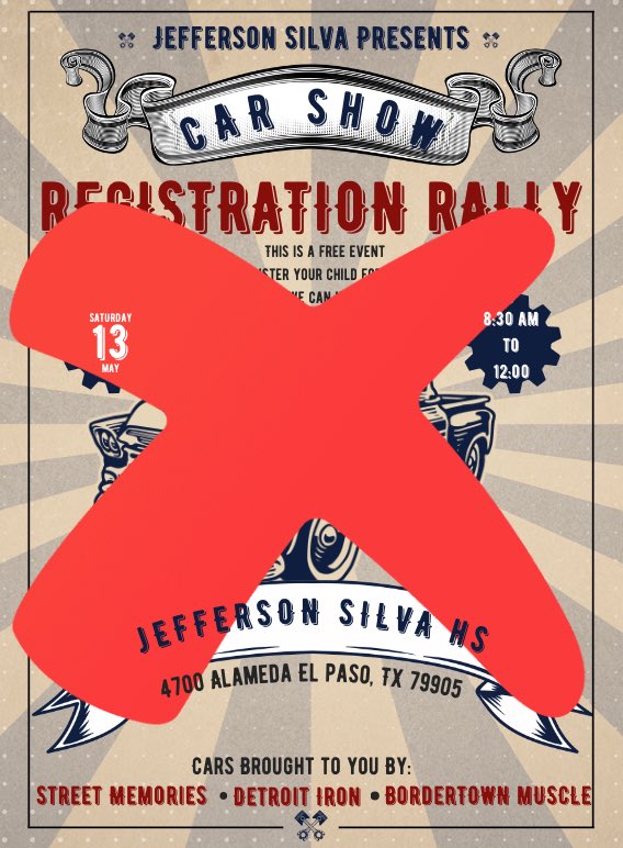 Attention beloved community: Due to circumstances beyond our control, the registration rally/car show that was planned for May 13th has been postponed until a further notice. Thank you for your support!